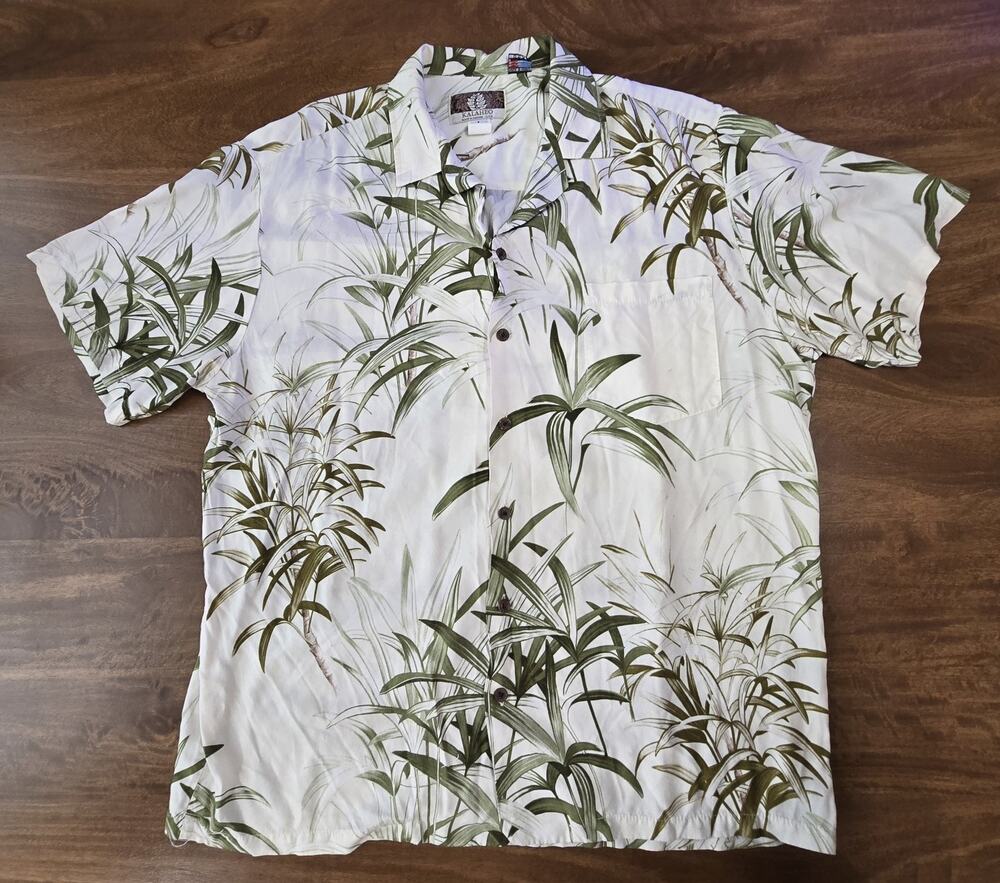 Kalaheo Hawaiian Shirt Mens Large White Green Bamboo Leaf Rayon Made In Hawaii